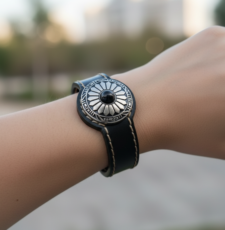 Black leather bracelet with silver emblem on wrist against a blurred natural background