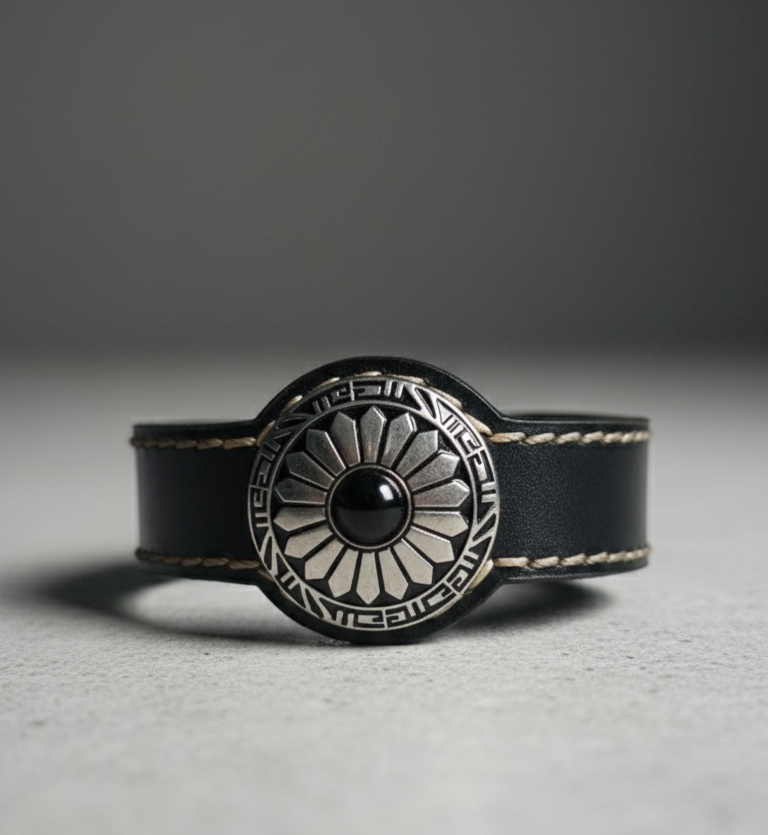 Black leather bracelet with a metallic circular design on a gray background