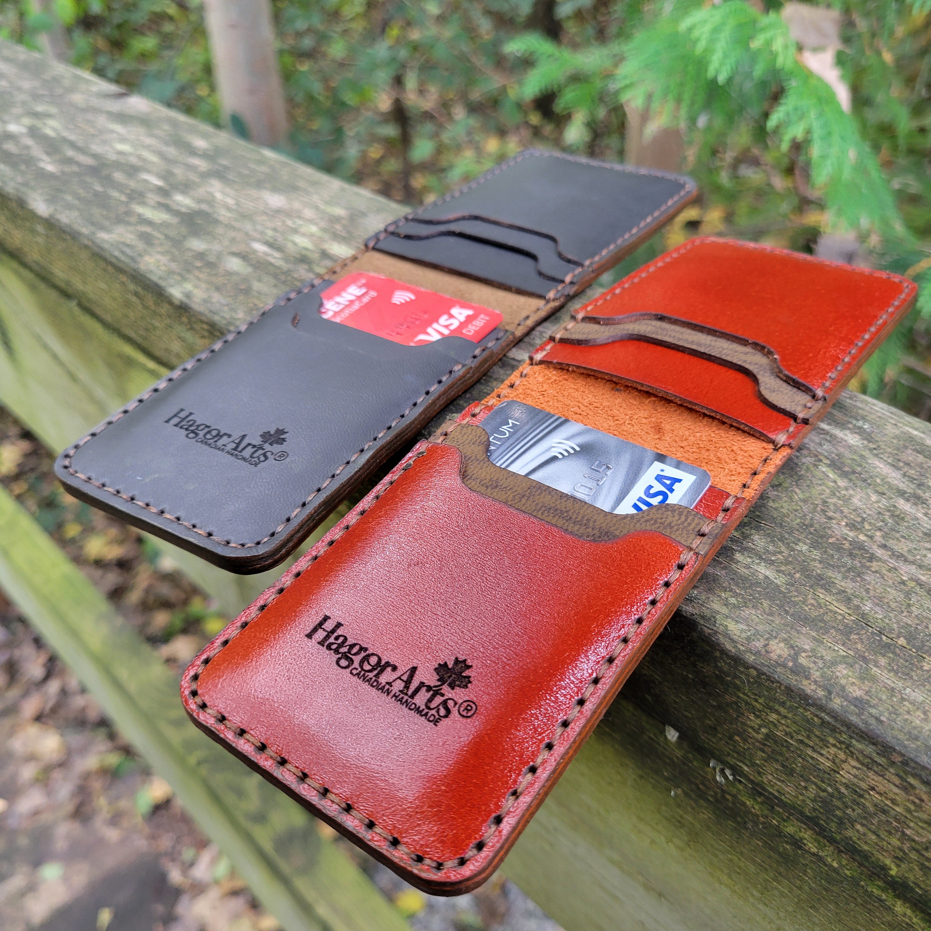 Slimette handcrafted leather cardholder in black & brown, offering six card slots and two interior pockets.