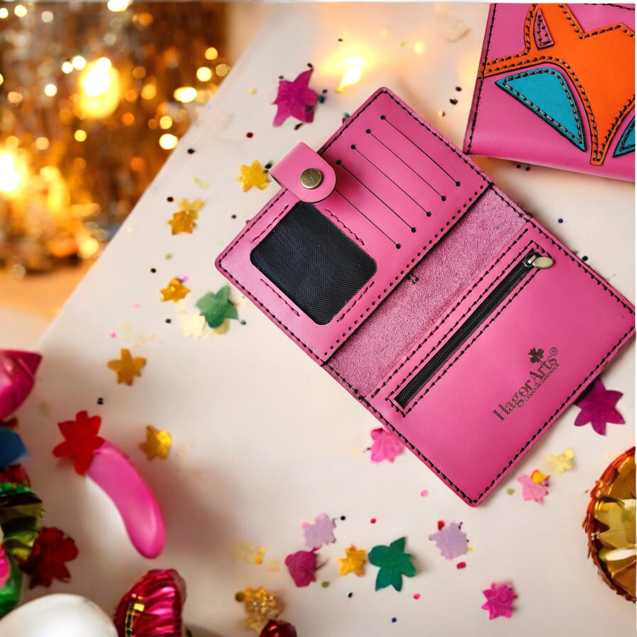 A handcrafted leather wallet with multiple card slots, a zippered compartment, and a transparent ID slot.