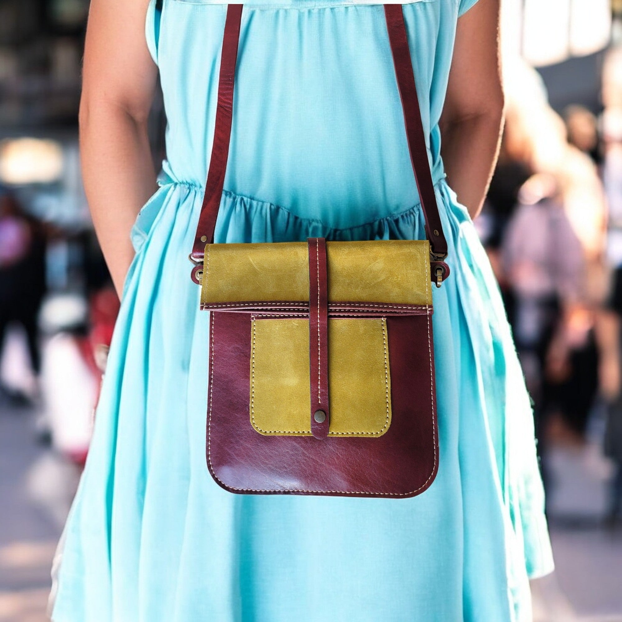 Elysia C1 handmade olive and crimson dual-tone leather crossbody — HagorArts.