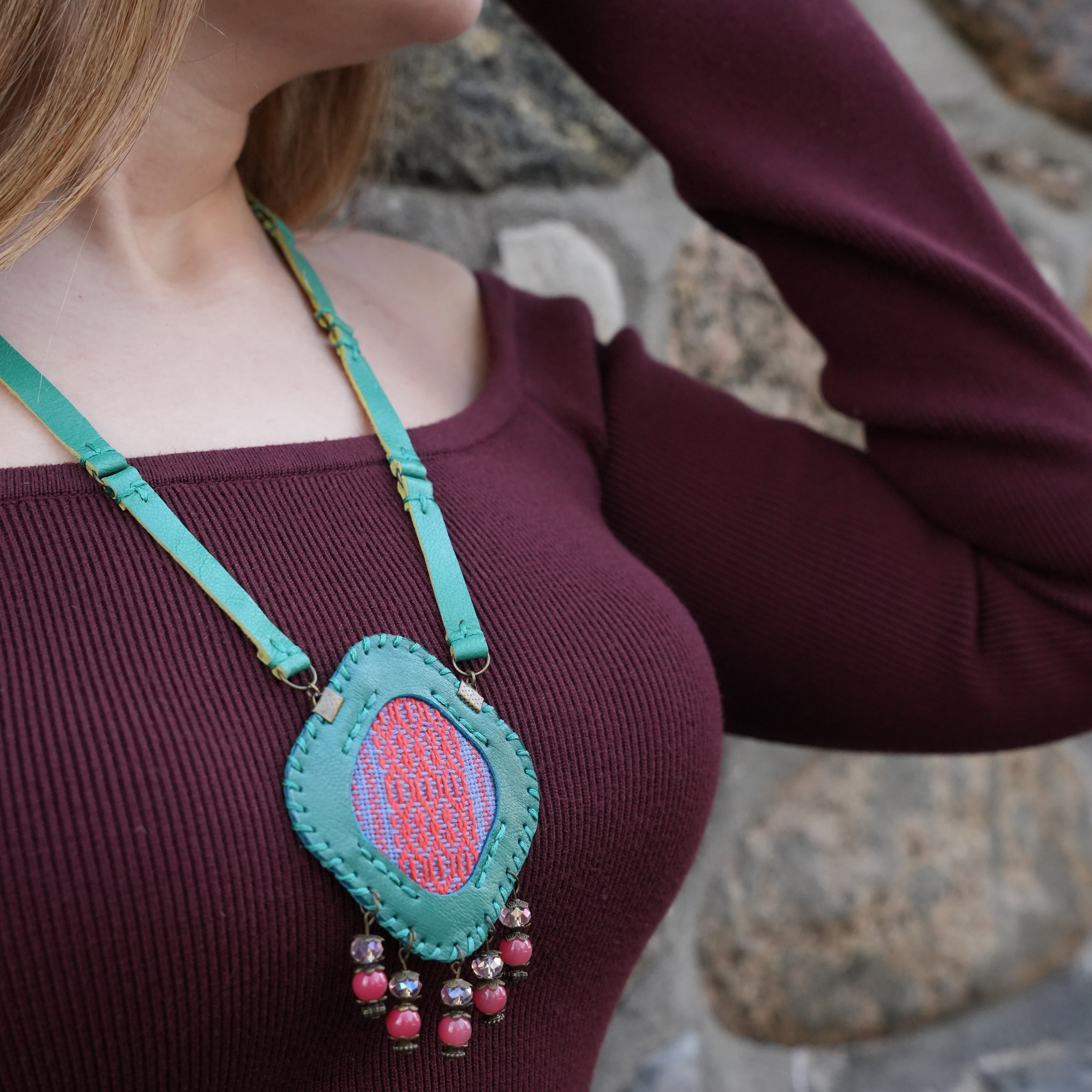 Turquoise leather and raspberry fabric handmade necklace — HagorArts Charelle C2