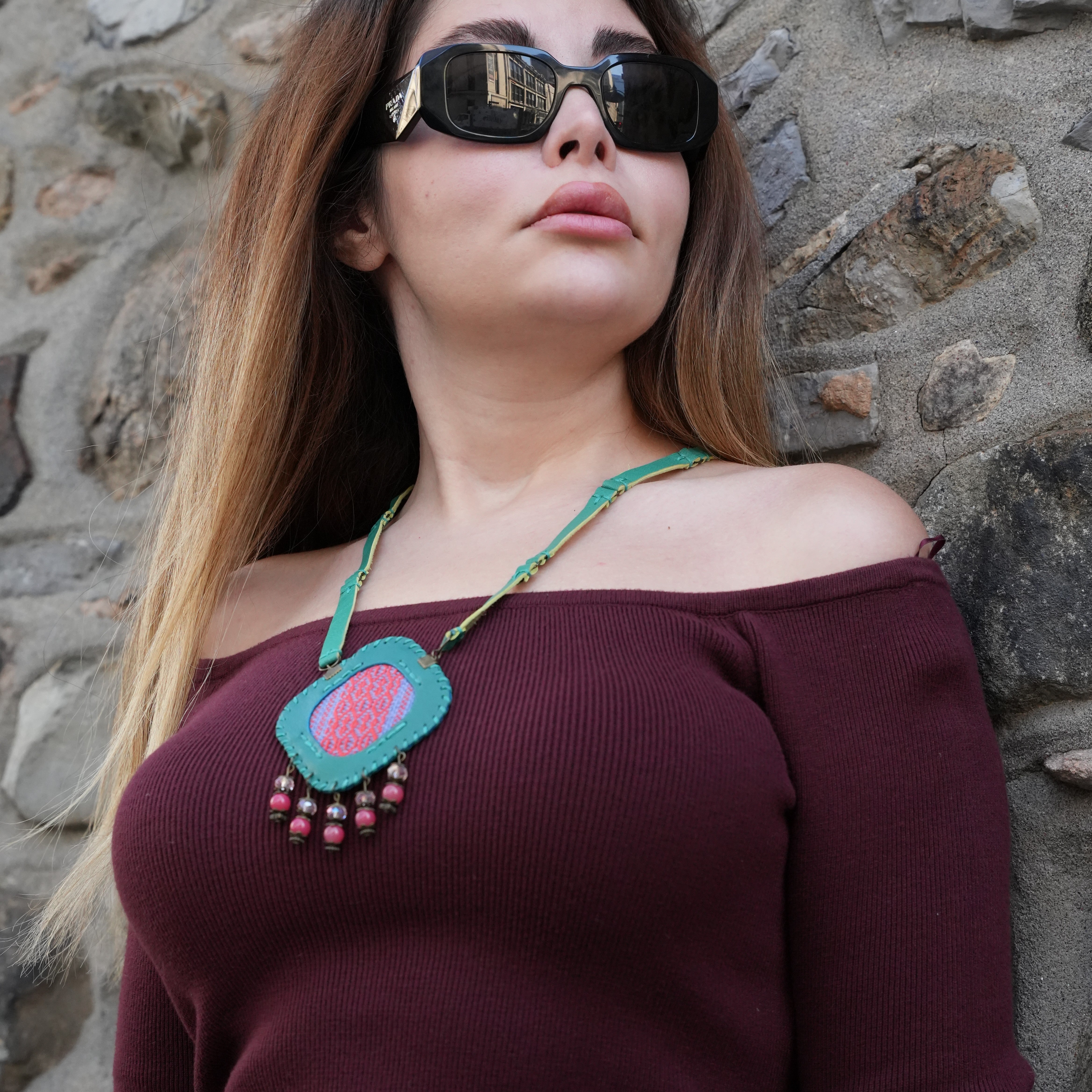 Square pendant with deep turquoise and raspberry pink fabric