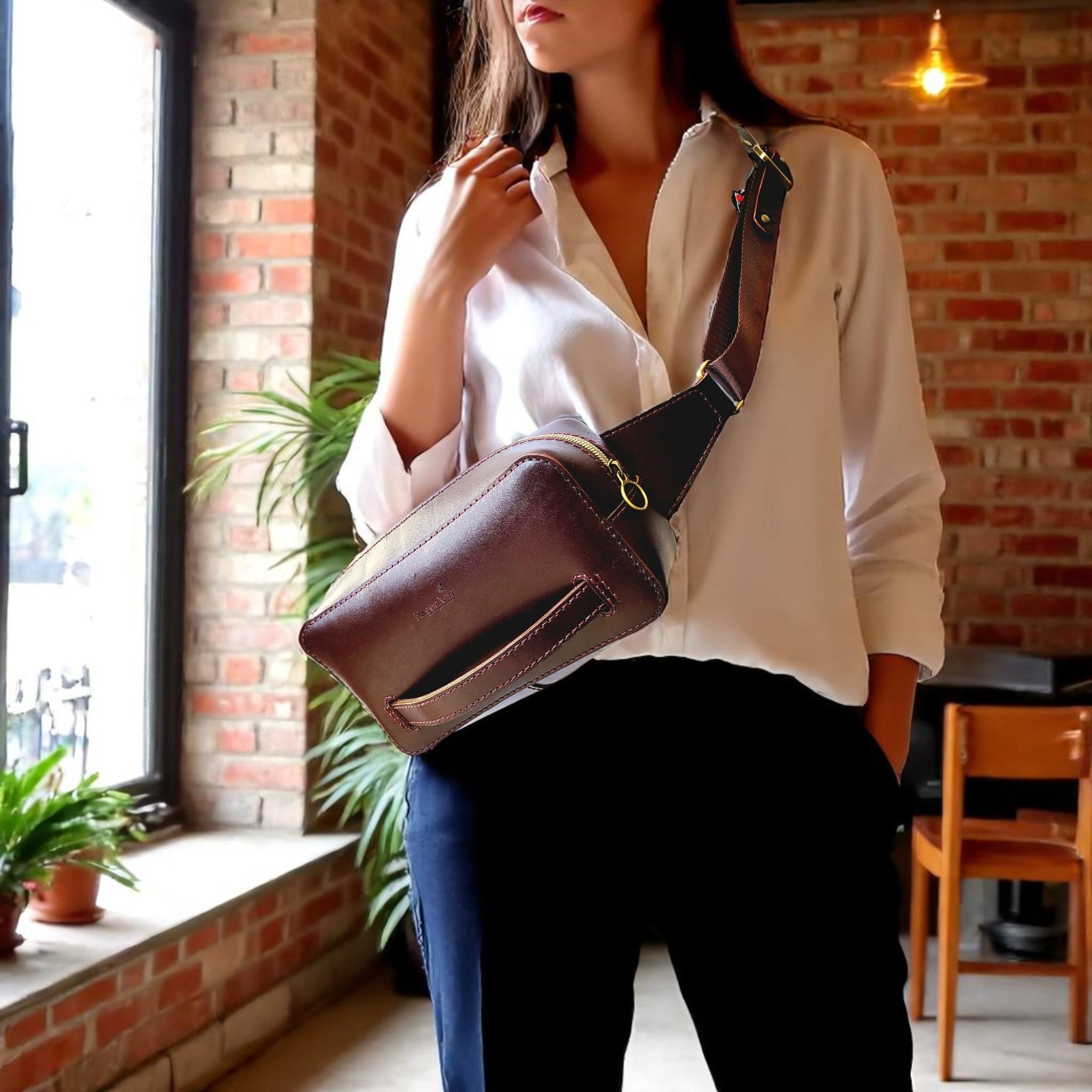 Woman holding a brown leather bag in an indoor setting with brick walls and plants.