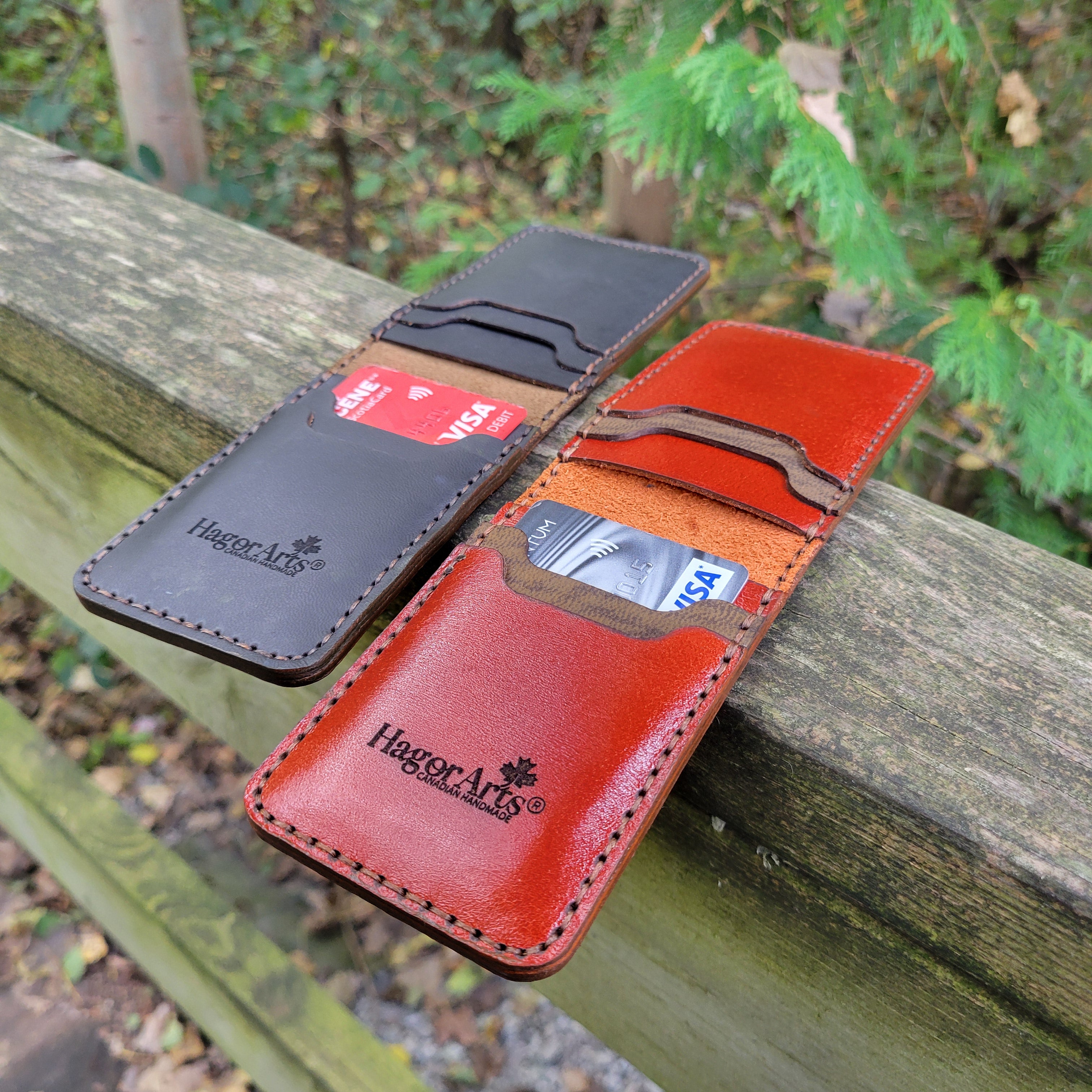 Minimalist leather cardholders from HagorArts' Slimette Collection, handmade in Canada, available in black & tan.