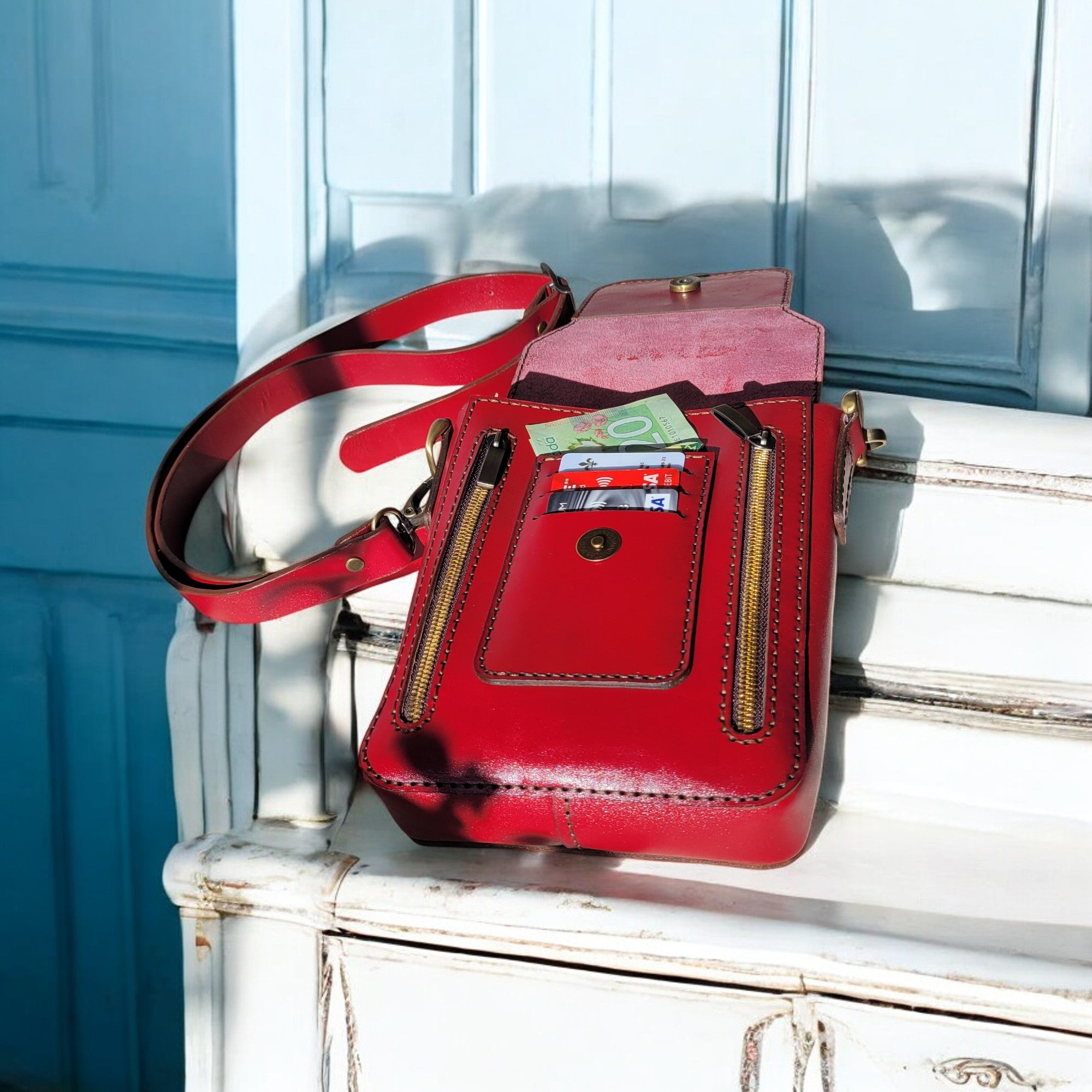 tylish and functional leather crossbody bag, perfect for work, travel, and everyday use – Handmade in Canada by HagorArts.