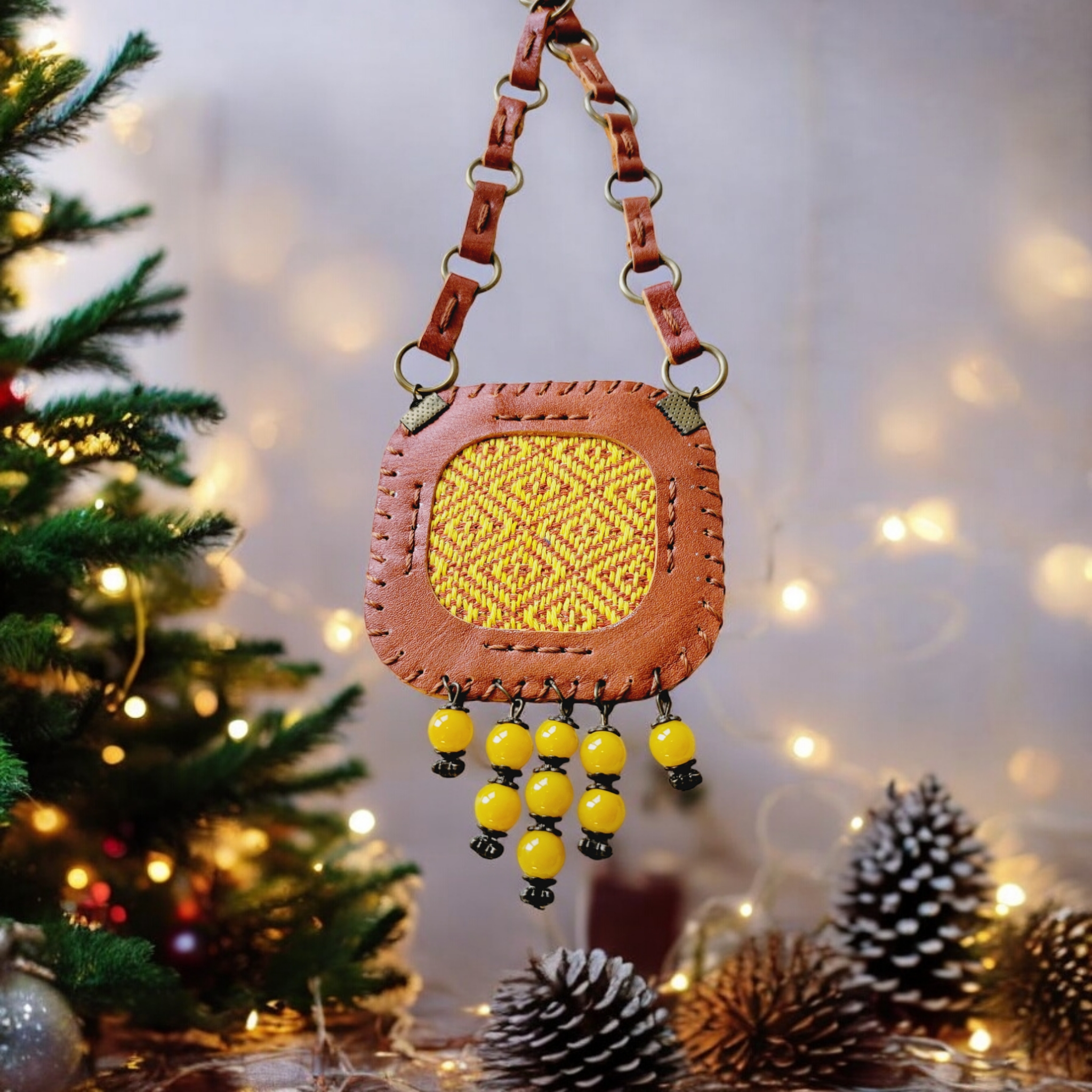 Culture meets contemporary: a textile artwork framed by minimal leather geometry.