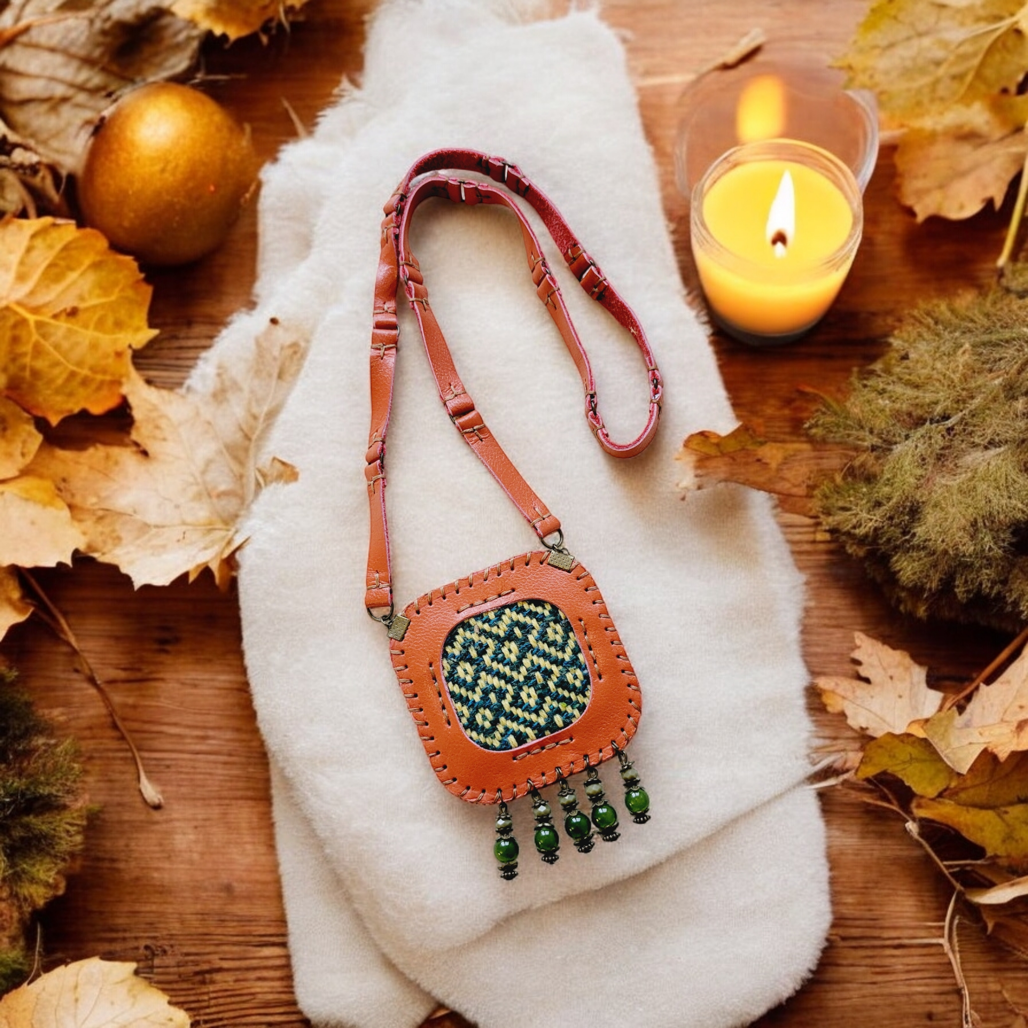 warm orange leather and green beads create a confident, contemporary palette.