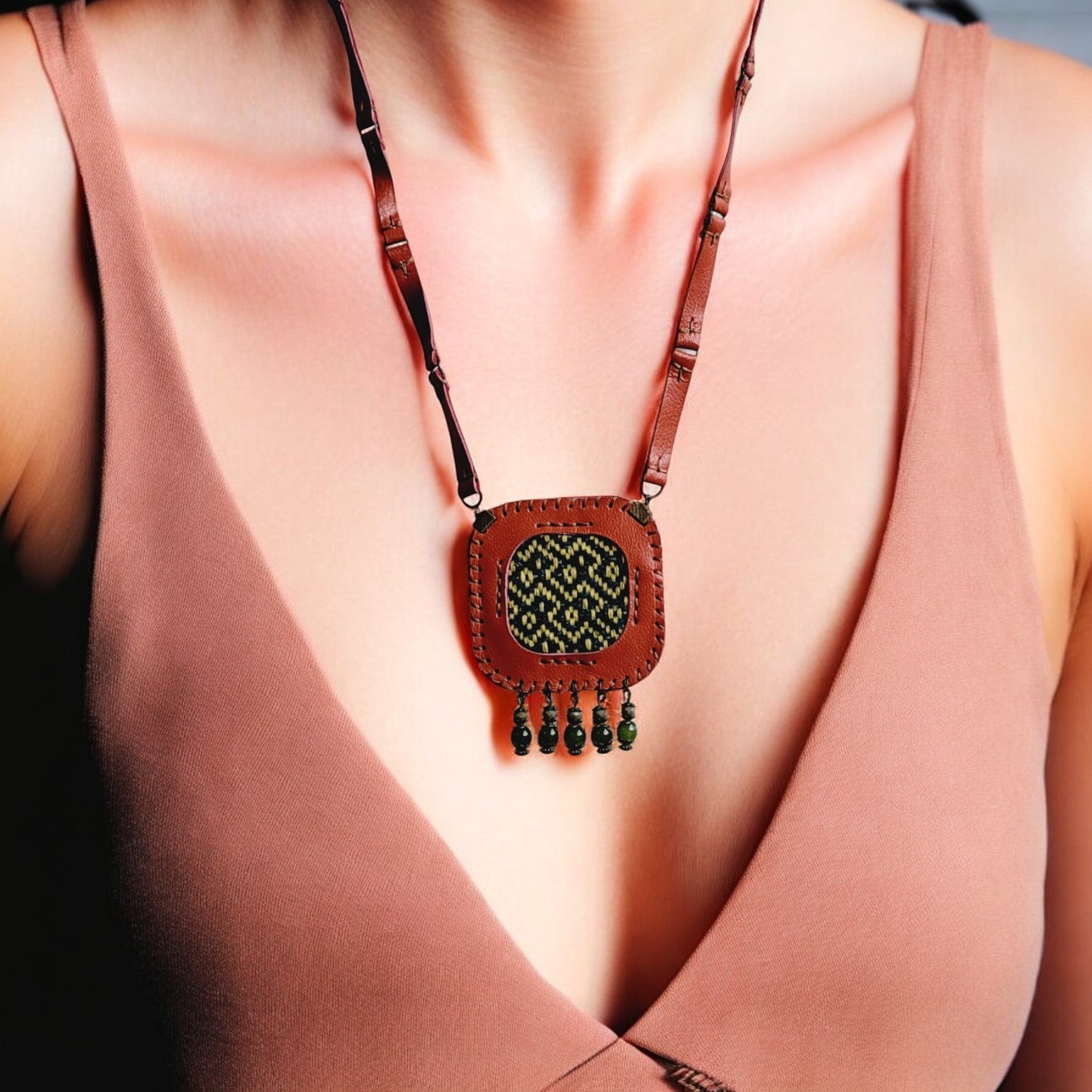 Velora C4 handmade leather and handwoven-fabric necklace in deep orange with green bead tassels.