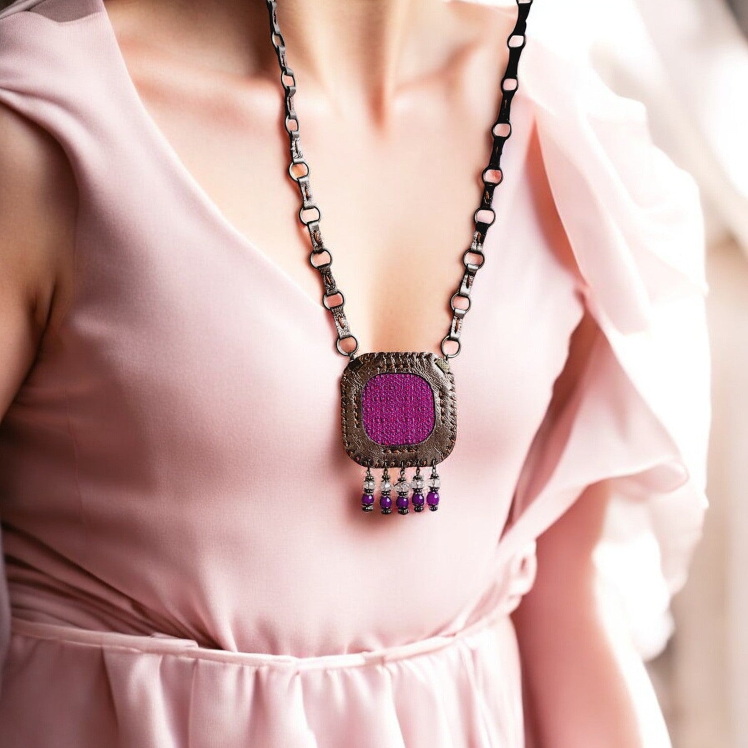 “Velora C6 copper-tone leather necklace with purple handwoven centerpiece and bead fringe.”