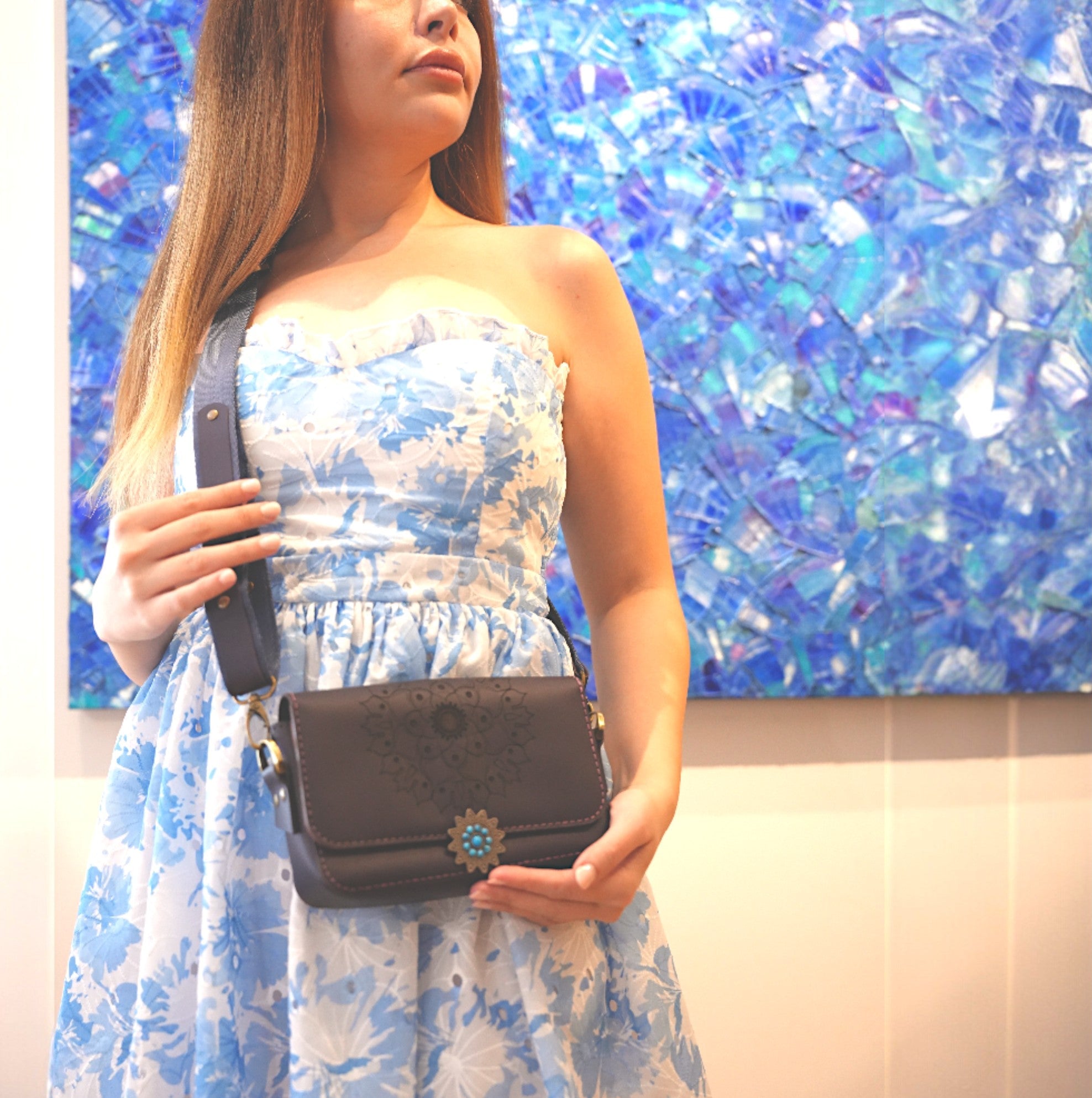 “Bloom C2 violet handmade leather bag with engraved mandala and turquoise clasp — HagorArts.”